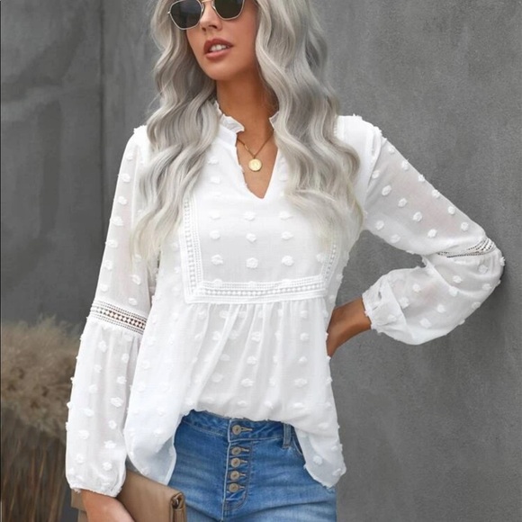 Tops - Lace Trim Swiss Dot Blouse